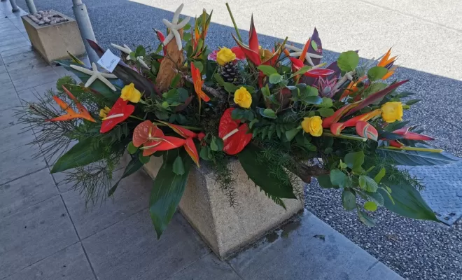 Raquette de fleurs exotique pour cérémonie 